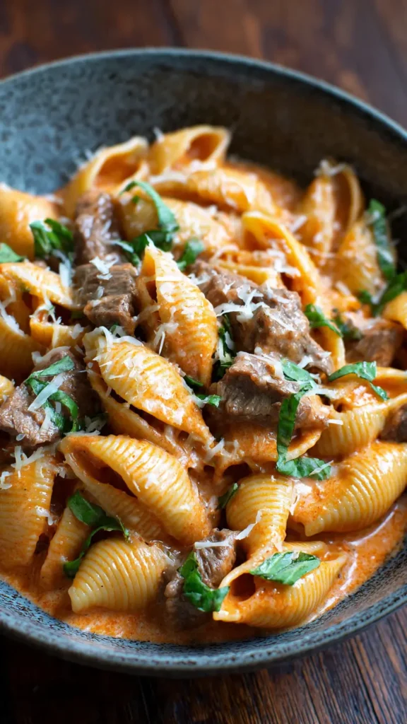 Creamy paprika steak shells pasta in white bowl with tender beef chunks and fresh parsley garnish