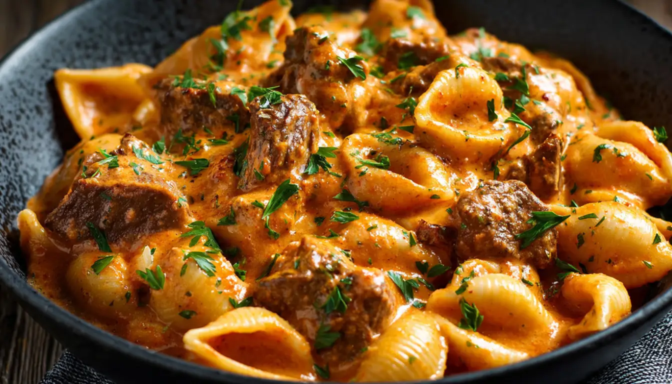 Creamy paprika steak shells pasta in white bowl with tender beef chunks and fresh parsley garnish