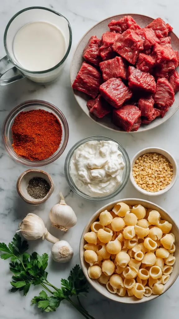 All ingredients needed for creamy paprika steak shells recipe laid out including beef, pasta, cream, and spices
