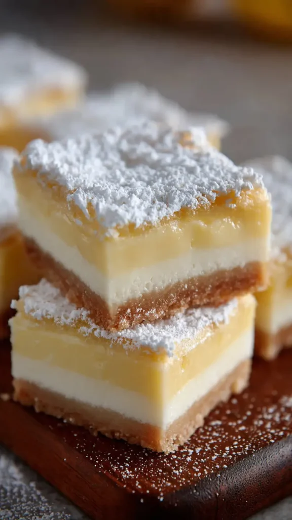 Creamy vanilla custard squares with golden pastry base and white glaze on white plate