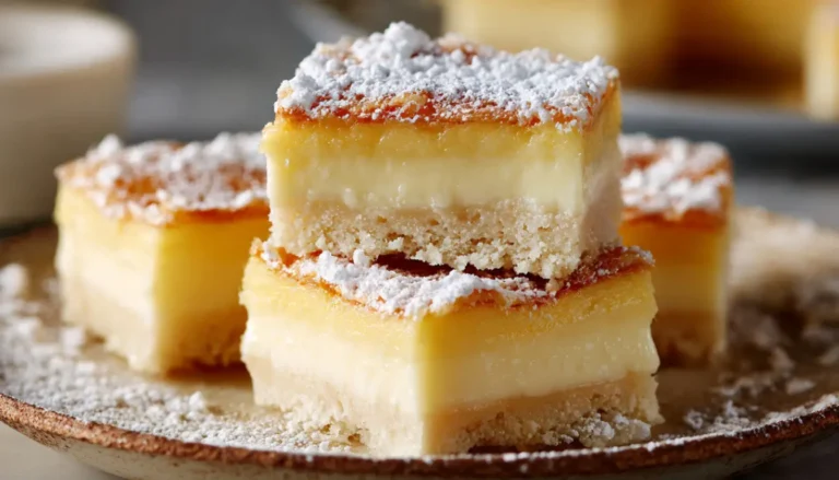 Creamy vanilla custard squares with golden pastry base and white glaze on white plate