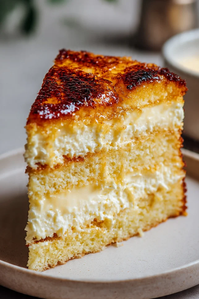 Slice of crème brûlée cake showing vanilla cake layers, custard filling, and golden caramelized sugar topping on white plate