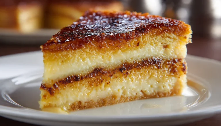 Slice of crème brûlée cake showing vanilla cake layers, custard filling, and golden caramelized sugar topping on white plate