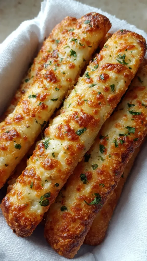 Freshly baked golden brown cheese bread sticks with stretchy melted cheese, perfect as an appetizer or side dish