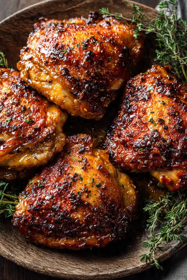 Crispy pan-fried chicken thighs with golden-brown crackling skin on rustic ceramic platter - finished dish ready to serve