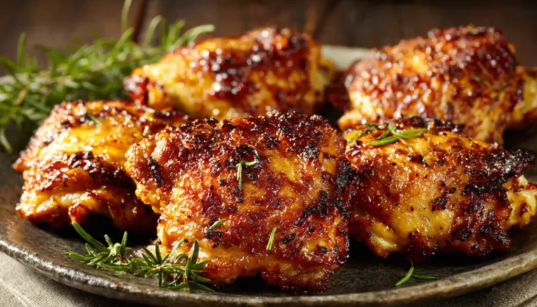 Crispy pan-fried chicken thighs with golden-brown crackling skin on rustic ceramic platter - finished dish ready to serve