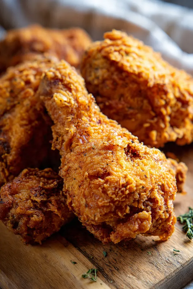 Golden brown crispy fried chicken pieces on wooden board with visible crunchy coating texture