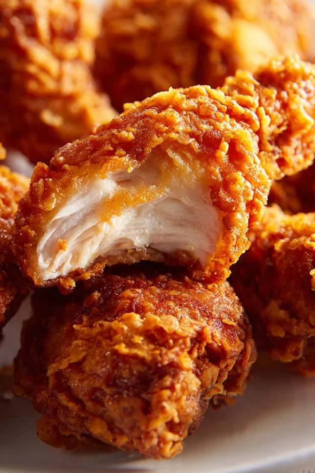 Golden brown crispy fried chicken pieces on wooden board with visible crunchy coating texture