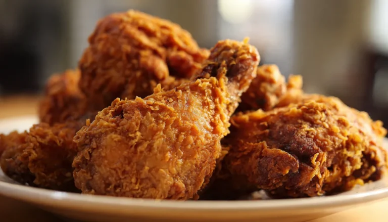 Golden brown crispy fried chicken pieces on wooden board with visible crunchy coating texture