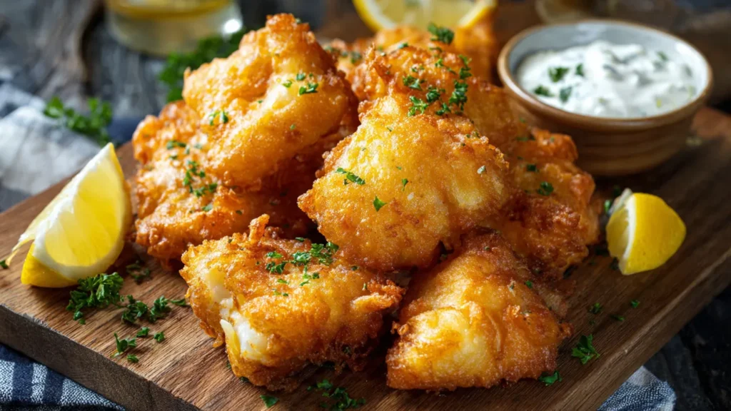 Golden crispy fried fish with Long John Silver's style batter on white plate