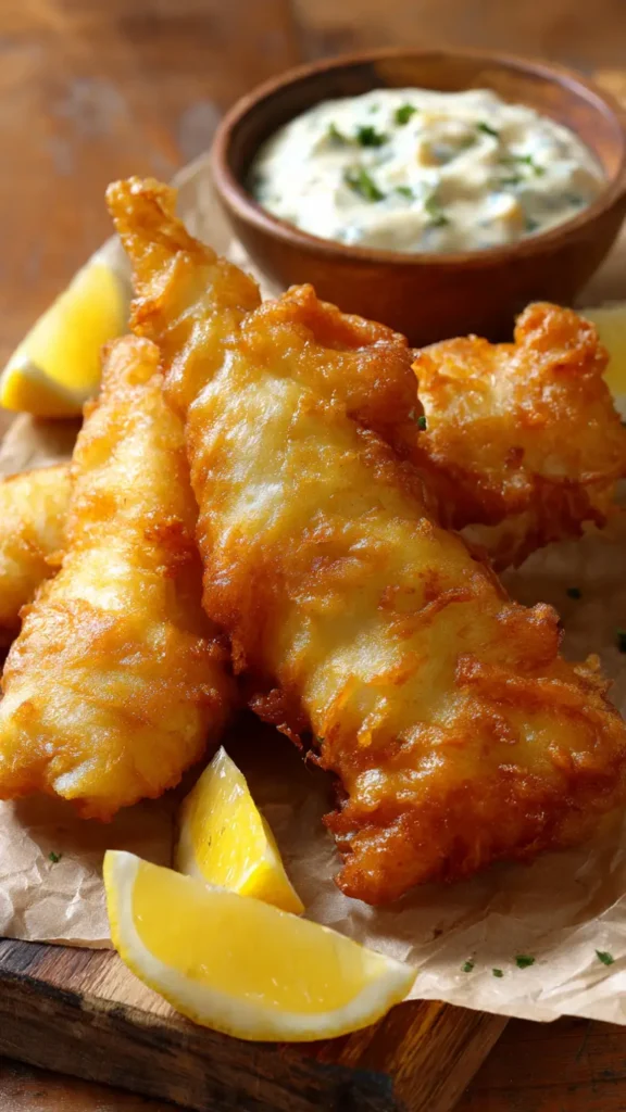 Golden crispy fried fish with Long John Silver's style batter on white plate