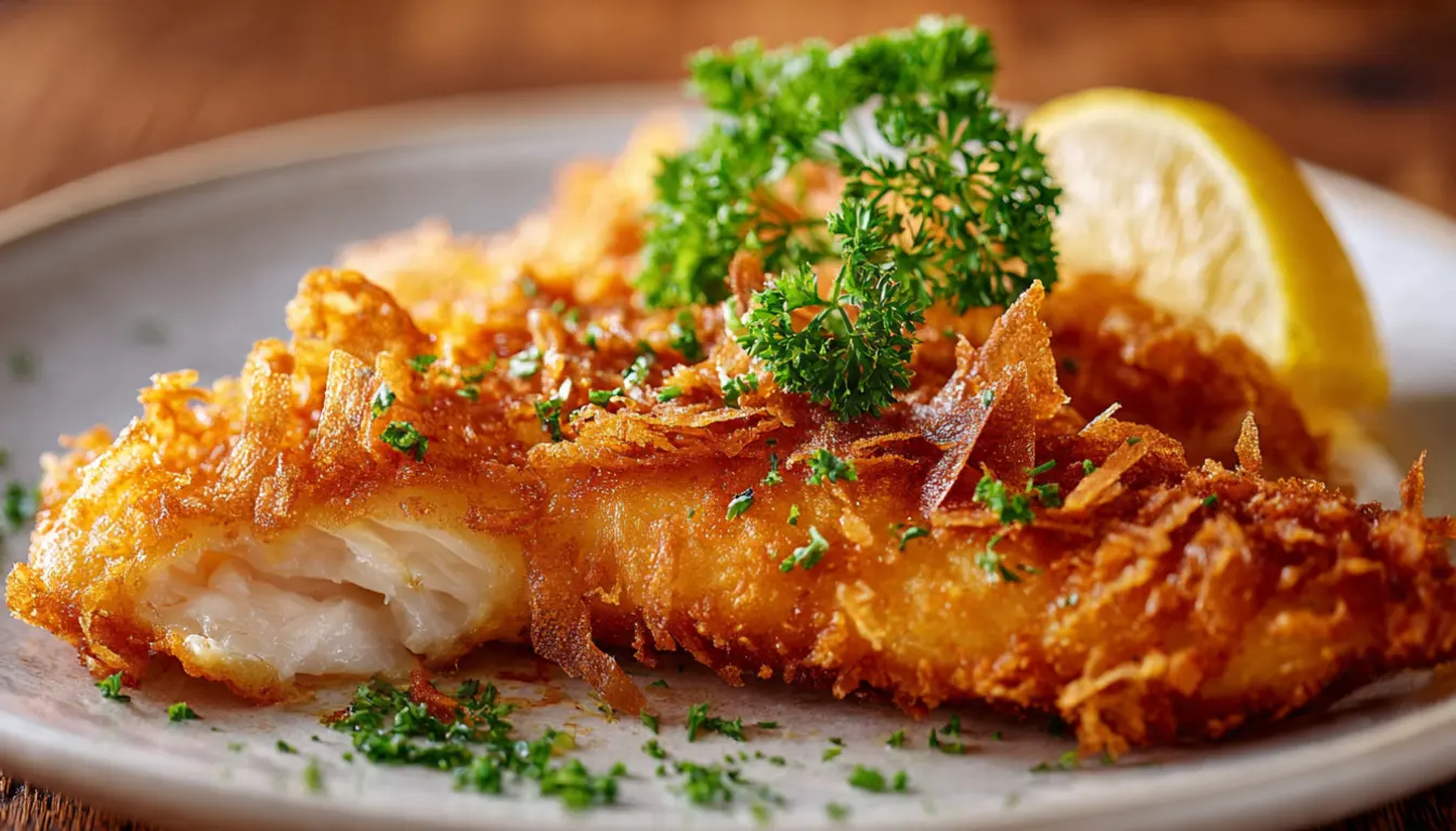 Golden crispy fried fish with Long John Silver's style batter on white plate