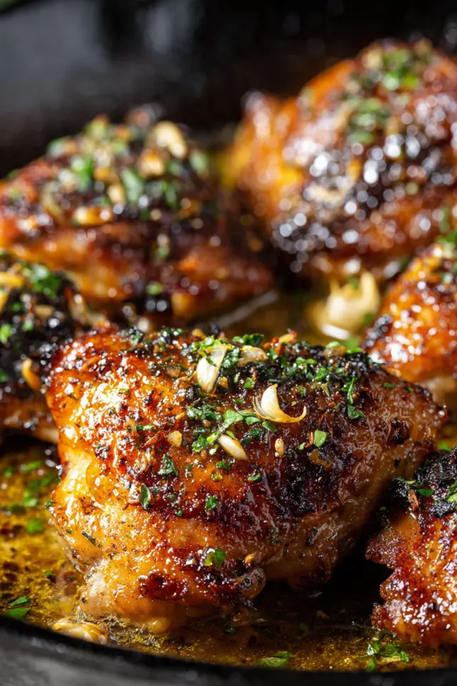 Golden-brown chicken thighs with perfectly crispy skin, coated in rich garlic butter sauce and garnished with fresh parsley in a cast iron skillet