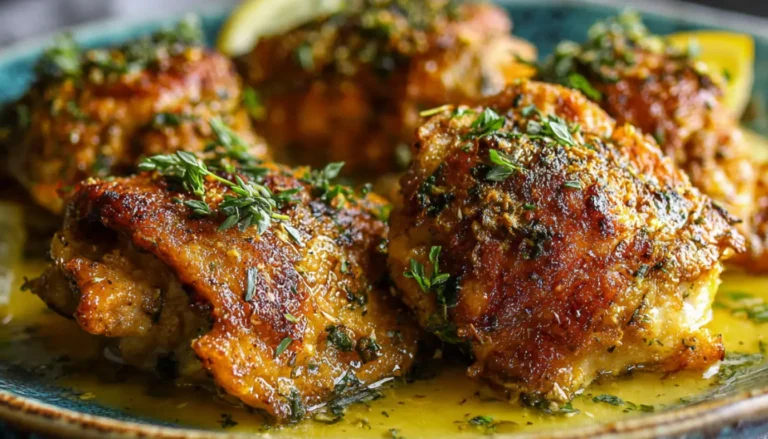 Golden-brown chicken thighs with perfectly crispy skin, coated in rich garlic butter sauce and garnished with fresh parsley in a cast iron skillet