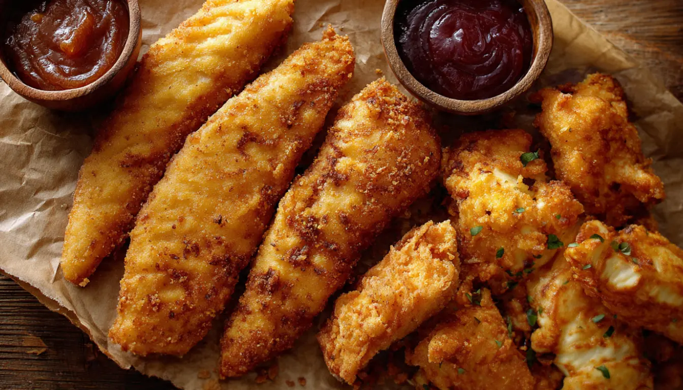 Golden crispy battered fish fillets and chicken tenders with Long John Silver's style coating on parchment paper