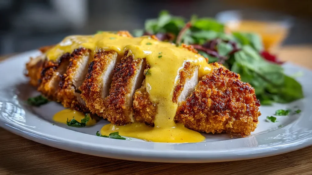 Crispy pretzel crusted chicken breast with creamy mustard cheddar sauce on white plate