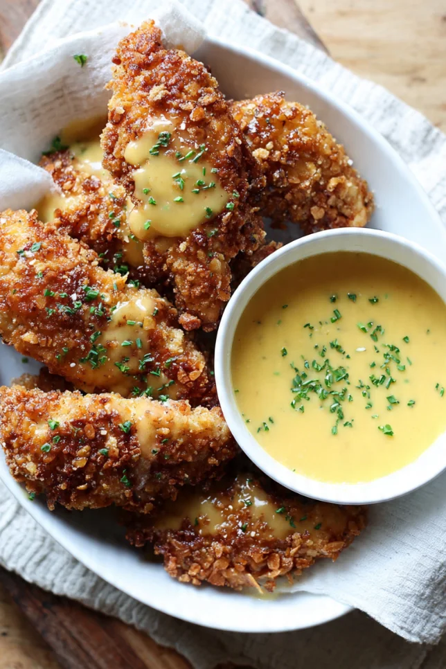 Crispy pretzel crusted chicken breast with creamy mustard cheddar sauce on white plate