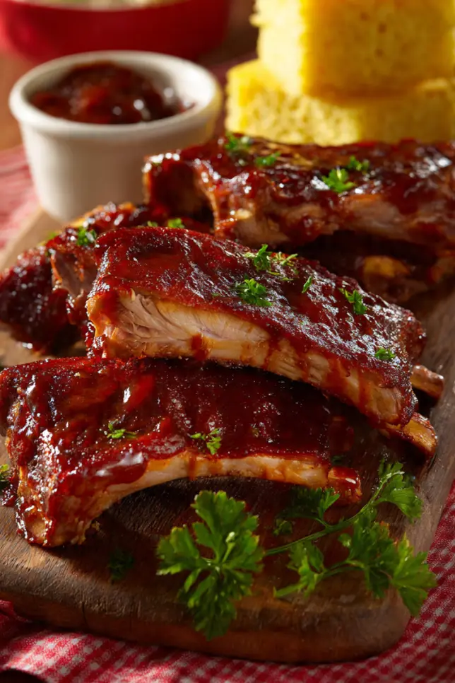 Tender fall-off-the-bone crockpot barbecue ribs with caramelized BBQ sauce on white platter