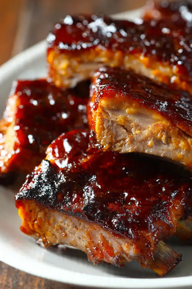 Tender fall-off-the-bone crockpot barbecue ribs with caramelized BBQ sauce on white platter