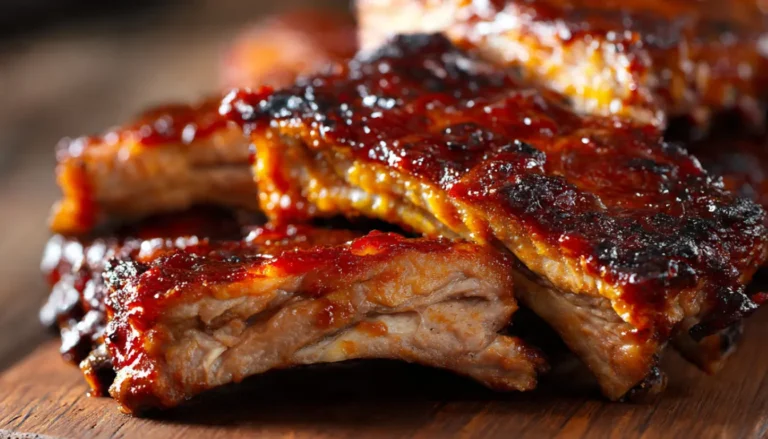 Tender fall-off-the-bone crockpot barbecue ribs with caramelized BBQ sauce on white platter