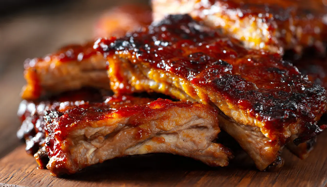 Tender fall-off-the-bone crockpot barbecue ribs with caramelized BBQ sauce on white platter