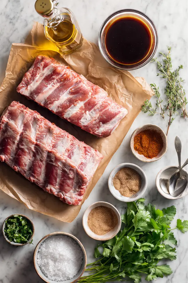 Raw baby back ribs with BBQ sauce, spices, and ingredients for crockpot barbecue ribs recipe