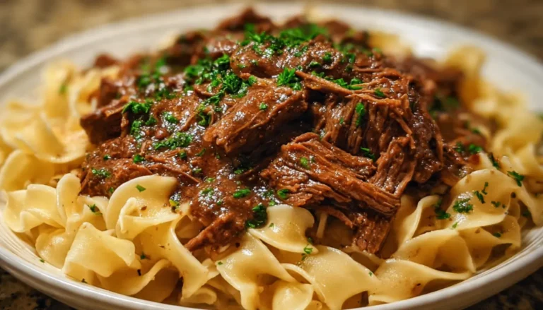 Homemade crockpot beef and noodles with tender shredded beef in rich gravy served in white bowl with fresh parsley garnish