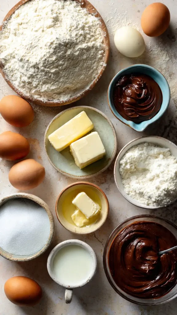 Overhead view of cruffin baking ingredients including flour, butter, eggs, milk, sugar, and Nutella filling