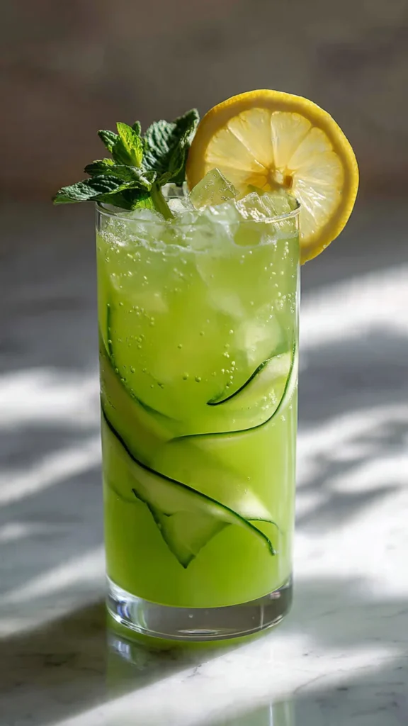 Tall glass of refreshing cucumber lemonade with ice, cucumber ribbons, and lemon wheel garnish on marble countertop
