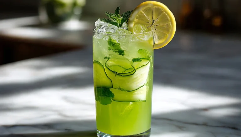 Tall glass of refreshing cucumber lemonade with ice, cucumber ribbons, and lemon wheel garnish on marble countertop