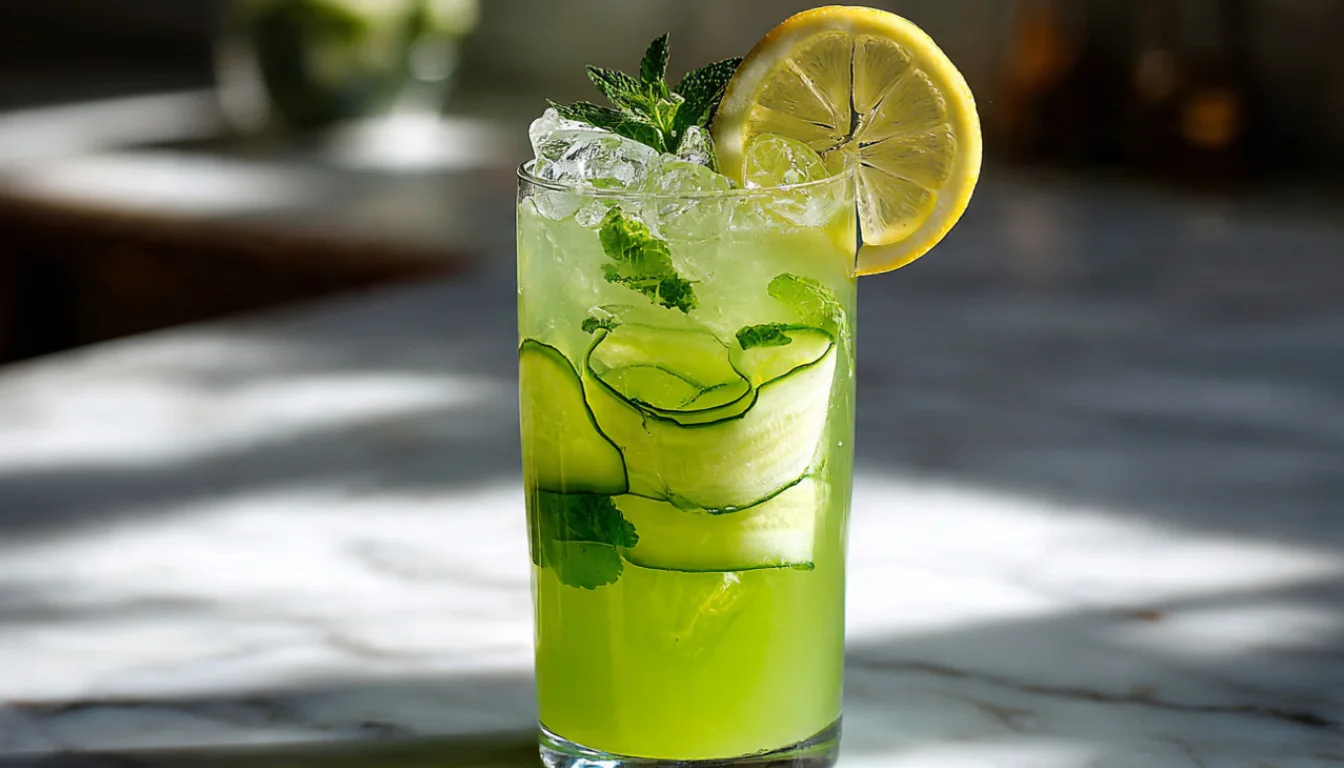 Tall glass of refreshing cucumber lemonade with ice, cucumber ribbons, and lemon wheel garnish on marble countertop