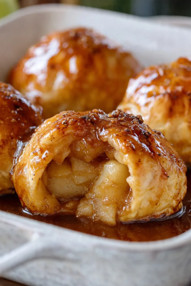 Golden brown apple dumplings in baking dish with caramelized cinnamon sauce, one cut open showing tender apple filling