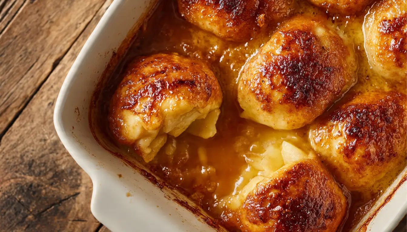 Golden brown apple dumplings in baking dish with caramelized cinnamon sauce, one cut open showing tender apple filling