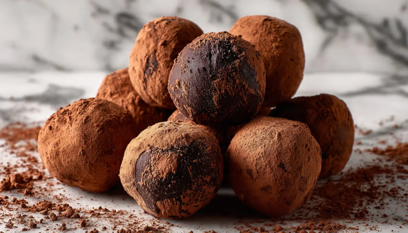Homemade Cool Whip candy chocolate truffles arranged on marble surface with cocoa powder dusting