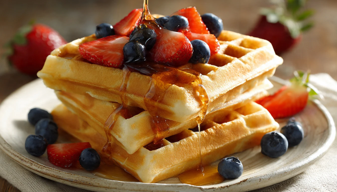 Stack of golden homemade waffles without milk drizzled with maple syrup and fresh berries on white plate