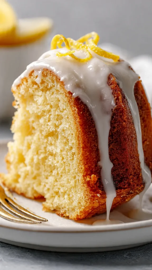 Moist lemon 7up bundt cake with white glaze dripping down sides on cake stand