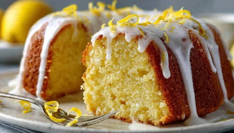 Moist lemon 7up bundt cake with white glaze dripping down sides on cake stand