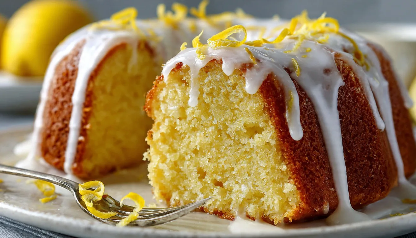 Moist lemon 7up bundt cake with white glaze dripping down sides on cake stand