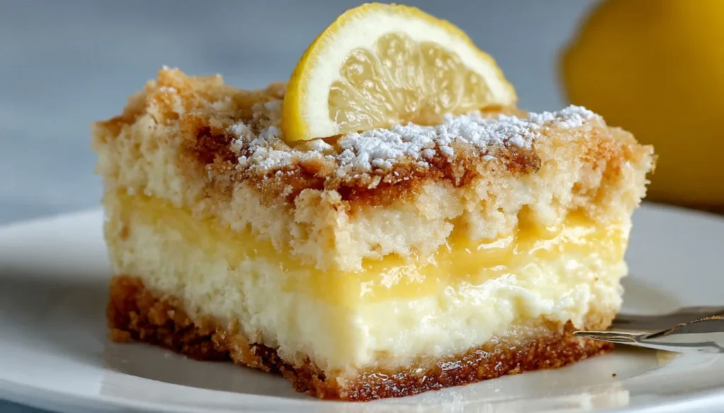 Slice of lemon cream cheese dump cake on white plate showing golden buttery top and creamy lemon layers