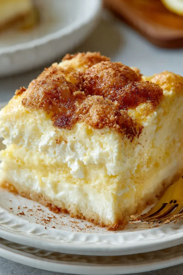 Slice of lemon cream cheese dump cake on white plate showing golden buttery top and creamy lemon layers
