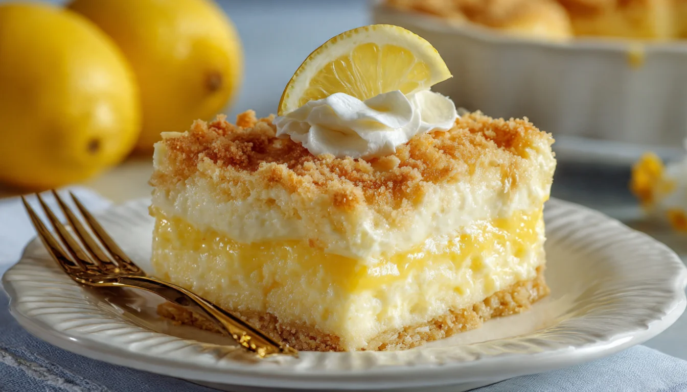 Slice of lemon cream cheese dump cake on white plate showing golden buttery top and creamy lemon layers
