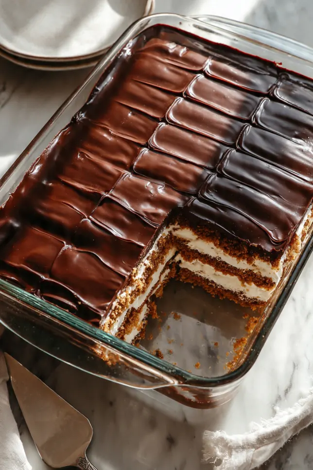 No bake chocolate eclair cake in glass baking dish with glossy chocolate ganache topping showing layered graham crackers and vanilla pudding