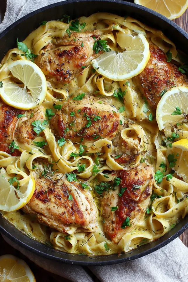 One-pot chicken with buttered egg noodles in a Dutch oven with creamy sauce and fresh parsley
