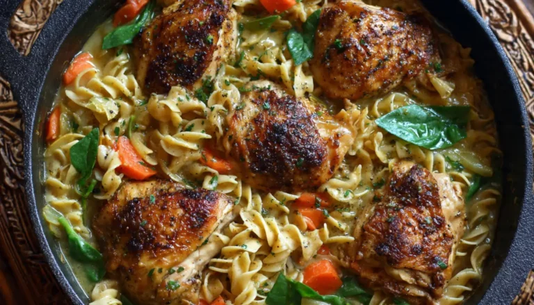 One-pot chicken with buttered egg noodles in a Dutch oven with creamy sauce and fresh parsley