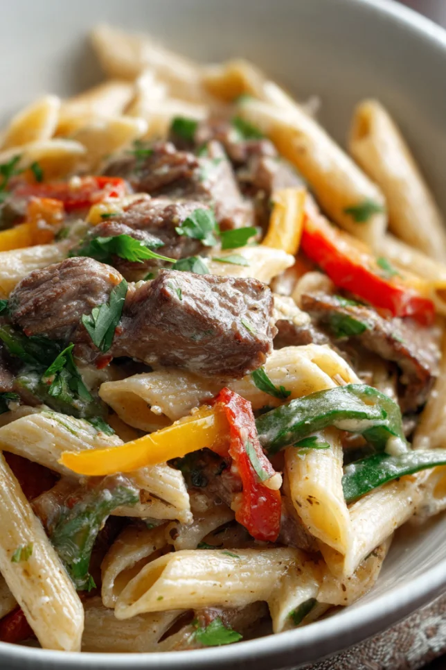 Creamy Philly cheesesteak pasta in white bowl with ribeye steak, bell peppers, onions, and melted provolone cheese