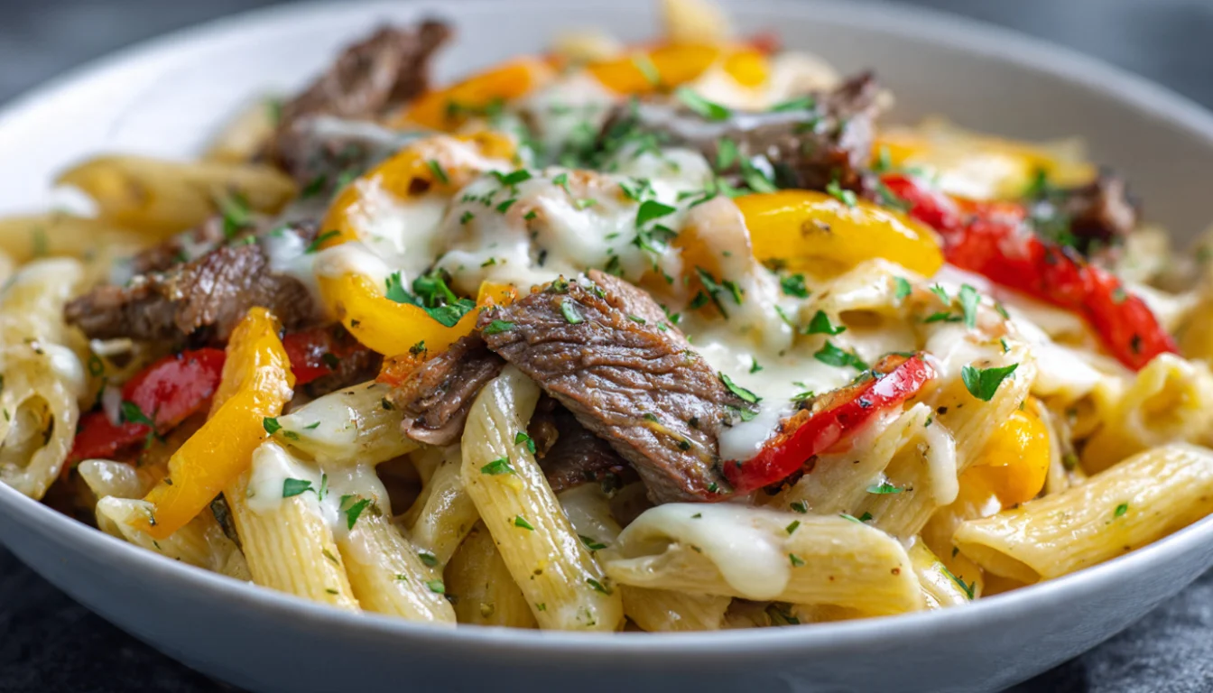 Creamy Philly cheesesteak pasta in white bowl with ribeye steak, bell peppers, onions, and melted provolone cheese