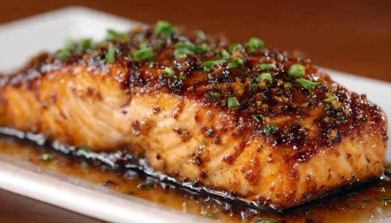 Glazed Texas Roadhouse salmon fillet with caramelized brown sugar coating on white plate