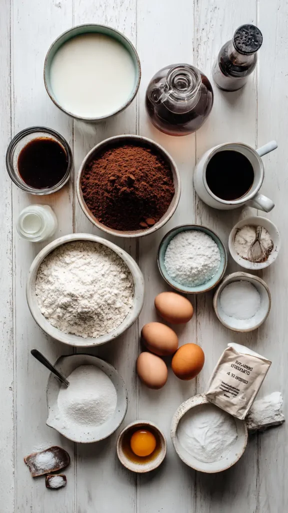 Chocolate buttermilk cake ingredients including cocoa powder, buttermilk, eggs, coffee, and flour arranged on white surface
