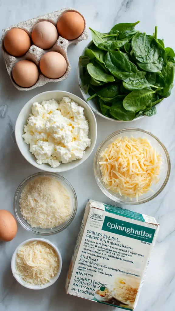 Ingredients for cottage cheese spinach bites including fresh spinach, cottage cheese, cheddar cheese, and eggs