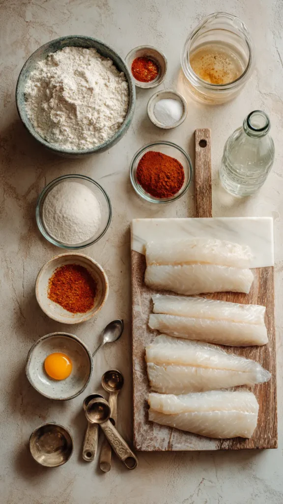 Ingredients for Long John Silver's style fish batter including flour, cornstarch, club soda, eggs, and spices arranged on marble counter